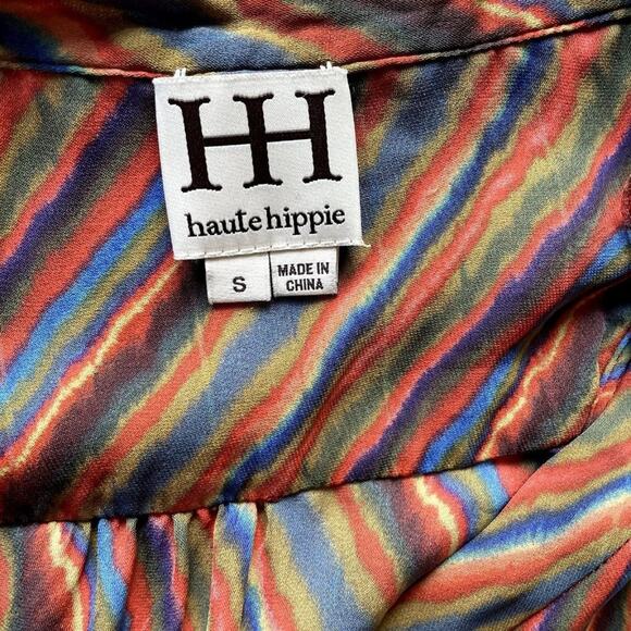 Women's Haute Hippie Multicolor Blouse Striped Tie Dye Silk Cowl Neck Top Small - Picture 3 of 7